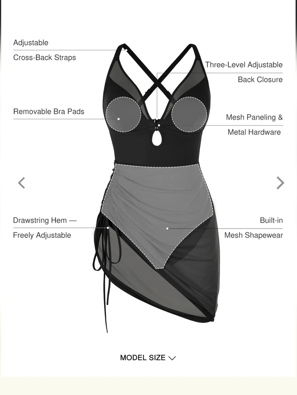 Popilush Sculpting Curve Mesh Skirt Dress One-Piece Swimsuit Black NWT - Picture 4 of 5